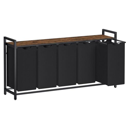 VASAGLE Panier à Linge 5 Compartiments, Corbeille à Linge Sale, 5 Sacs Amovibles en Tissu Oxford, Étagère, Cadre en Métal, 5 x 40 L, 143,5 x 33 x 72 cm, Noir d'Encre et Marron Rustique