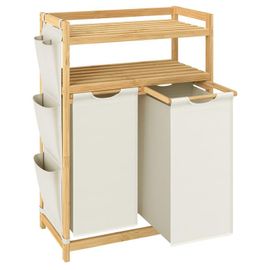 SONGMICS Panier à Linge, avec 2 Compartiments, Corbeille à Linge Sale, en Bambou, Capacité de 100 Litres, avec Étagère, Poches Latérales, 2 x 50 L, 63 x 33 x 98 cm, Blanc Crème