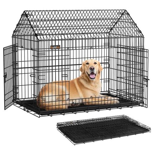 Feandrea Cage Pour Chien Pliable, Cage De Transport, 120 X 72,5 X 109 Cm, Métal, Xxl, Grands Chiens, Avec Double Porte, Nettoyage Facile, Pour La Maison, La Voiture, Noir D'encre