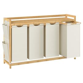 SONGMICS Panier à Linge, avec 4 Compartiments, Corbeille à Linge Sale, en Bambou, Capacité de 200 Litres, avec Étagère, Poches Latérales, 4 x 50 L, 124,6 x 33 x 78 cm, Blanc Crème