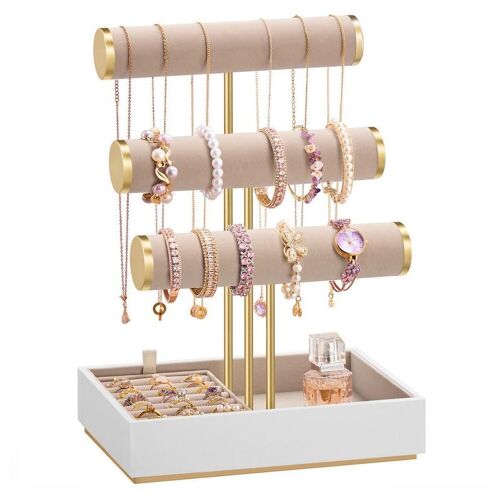 Songmics Porte-Bracelet, Présentoir À Bijoux, Support Bracelet, 3 Niveaux Et Plateaux En Velours, Support Amovible, Blanc Nuage Et Marron Camel