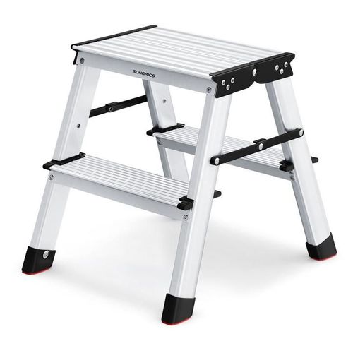 SONGMICS Échelle, Escabeau, Échelle en Alliage d'Aluminium, avec 2 Marches, Marche Pied Multifonctions, Charge : 150 kg, Gris Argent et Noir d'Encre