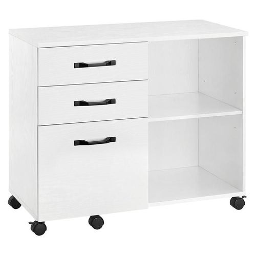 Vasagle Caisson, Support D'imprimante Bureau, Avec 3 Tiroirs, Meuble De Rangement Mobile, Compartiments Ouverts, Pour Format A4, Documents, Style Industriel, Blanc Boisé