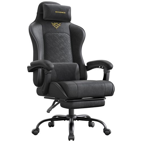 SONGMICS Chaise Gaming, Chaise de Bureau, Ergonomique, Fauteuil Gaming, Coussin d'Assise à Ressorts, Repose-Pieds, Accoudoirs avec Mécanisme Synchrone, Noir d'Encre