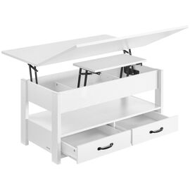 VASAGLE Table Basse, Table de Salon Relevable, Vérin à Gaz, 2 Tiroirs et 3 Compartiments sous Le Plateau, 1 Compartiment Ouvert, pour Salon, Bureau, Blanc Neige