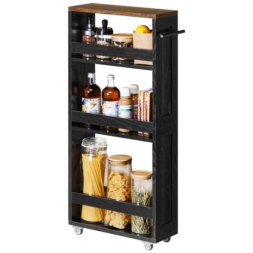 Vasagle Chariot De Rangement Fin À 4 Niveaux, Étagère De Cuisine Avec Roulettes, Avec Poignée, Petit Espace, 15 X 43,2 X 86,5 Cm, Salle De Bain, Buanderie, Noir Boisé Et Marron Rustique