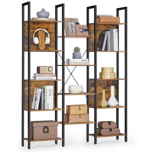 VASAGLE Bibliothèque, Étagère de Rangement, avec 14 Étagères, Cadre en Métal, Salon, Bureau, Style Industriel, 24 x 128 x 166 cm, Marron Rustique et Noir d'Encre