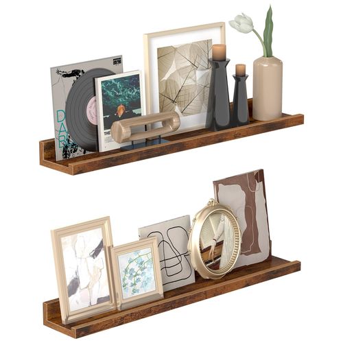 Vasagle Lot De 2 Étagères Murales Flottantes, 60 Cm De Large, Bords Surélevés Pour Cadres Photo, Décoration, Épices, Salon, Cuisine, Bureau À Domicile, Marron Rustique
