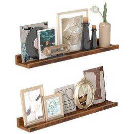 VASAGLE Lot de 2 étagères murales flottantes, 60 cm de large, bords surélevés pour cadres photo, décoration, épices, salon, cuisine, bureau à domicile, marron rustique