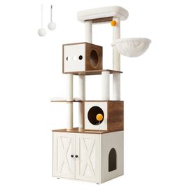 Arbre À Chat Moderne Avec Cache-Litière, Tour De Jeu, Griffoir Avec Maison De Toilette, 180 Cm, Niche, Plateforme, Tapis Lavables, Marron Miel Et Blanc Rustique
