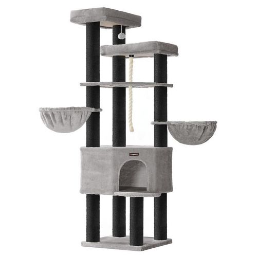 Feandrea Grand Arbre À Chat, Tour De Jeux Pour Chat À Plusieurs Niveaux, Xxl, 55 X 55 X 186,7 Cm, Poteaux En Sisal De 11 Cm De Diamètre, Gris Tourterelle Et Noir D'encre