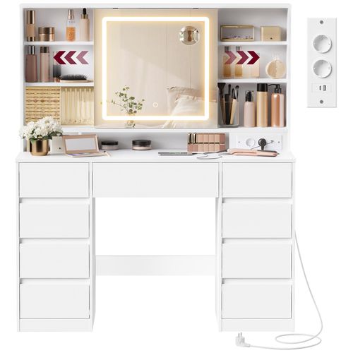 VASAGLE KAILYN Collection - Coiffeuse avec Miroir LED, Multiprise, 9 Tiroirs, Loupe 10x, Rangement Bijoux, Éclairage 3 Couleurs, Installation des Rails sans Outils, Blanc Nuage