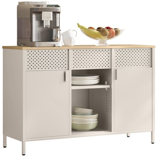 SONGMICS Armoire de Rangement, Meuble en Métal, Placard à Double Portes, Buffet, Fermeture Magnétique, Étagères Réglables, Cadre en Acier, Beige Sable et Couleur Chêne Naturel