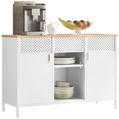 SONGMICS Armoire de Rangement, Meuble en Métal, Placard à Double Portes, Buffet, Fermeture Magnétique, Étagères Réglables, Cadre en Acier, Blanc Mat et Beige Chêne
