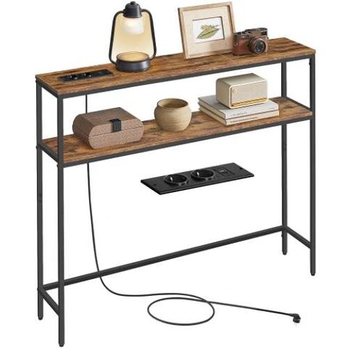 VASAGLE Table Console avec Prise, Bout de Canapé Étroit avec 2 Étagères, 20 x 100 x 80 cm, pour Salon, Couloir, Entrée, Marron Rustique et Noir d'Encre