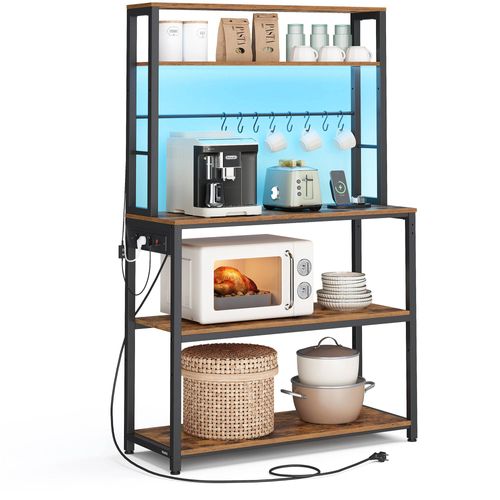 VASAGLE Étagère de Cuisine avec LED, Meuble de Cuisine avec Multiprise, Support pour Micro-ondes avec Étagères Réglables, 8 Crochets, 40 x 80 x 168,4 cm, Marron Rustique et Noir d'Encre