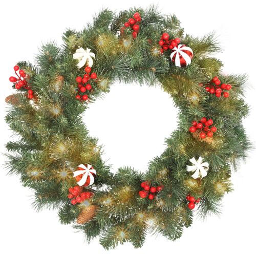 Couronne de Noël lumineuse LED décorée dia. 60 cm 50 LEDs blanc chaud timer vert
