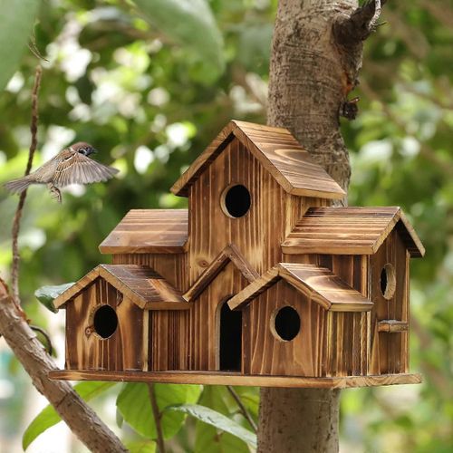 Nichoirs En Bois A Suspendre A L'exterieur, 6 Trous, Faits Main, Naturels, Pour La Decoration De Jardin/Cour/Terrasse, Grand Modele