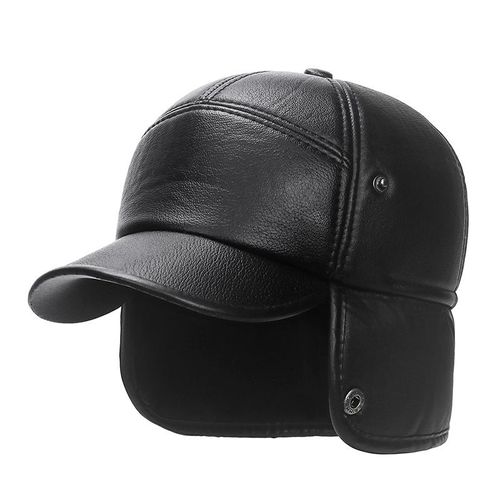 Chapeau D'hiver Unisexe En Cuir Noir Ushanka Avec Rabats Pour Les Oreilles Et Fourrure Chaude - Casquette De Baseball En Cuir Pour Hommes Et Femmes