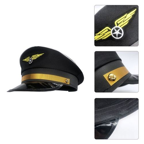 Chapeau De Pilote Octogonal Ajustable Avec Badge Noir En Polyester Twill Léger Et Confortable Pour Soirée Masquée, Cosplay, Déguisement, Photographie Et Spectacle Théâtral - Tour De Tête 58 Cm