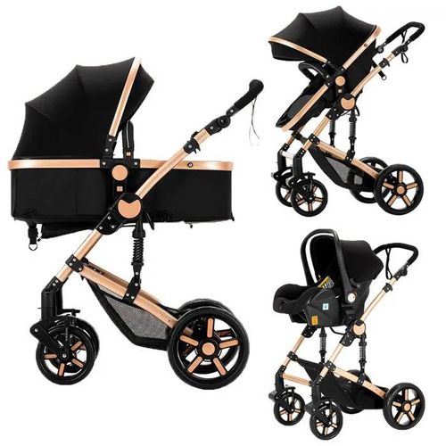 Poussette 3 En 1 Magic Zc Poussette Poussette Pliage Automatique Avec Grand Panier Avec Habillage Pluie Paysage Élevé Noir Or