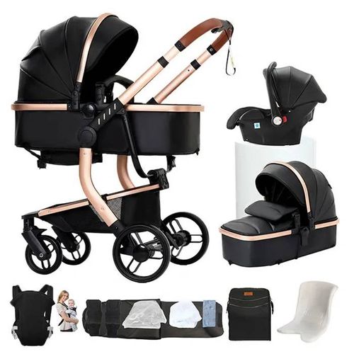 Poussette 3 En 1 Magic Zc Poussette Pousette Poussette Pliage Automatique Poussette De Luxe Cuir Pu Sac À Main Porte-Bébé Noir