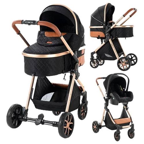 Poussette Magic Zc Poussette Bebe Pousette Trio 3 En 1 Avec Sac À Main Jusqu'à 30kg 0-3ans Paysage Élevé Avec Grand Panier Noir Or