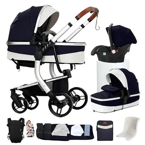 Poussette 3 En 1 Magic Zc Poussette Poussette Bebe Poussette Pliable Poussette Nouveau-Né Cuir Pu Sac À Main Porte-Bébé Bleu Argenté