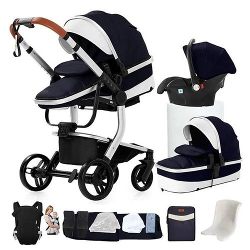 Poussette Magic Zc Poussette 3 En 1 Pousette Poussette Cosy Voyage Cuir Pu Sac À Main Porte-Bébé Harnais De Cinq Points Bleu Argenté