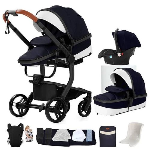 Poussette 3 En 1 Magic Zc Poussette Poussette Combinées Poussette De Luxe Cuir Pu Sac À Main Porte-Bébé Pliage En Un Clic Bleu Noir