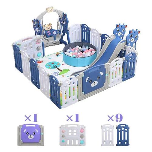 Parc Bébé 18+2 Panneaux - Magic Zc Clôture Pliant De Multifonction, Avec Balançoire, Toboggan Et Boule De L'océan - Wlc Bleu Gris