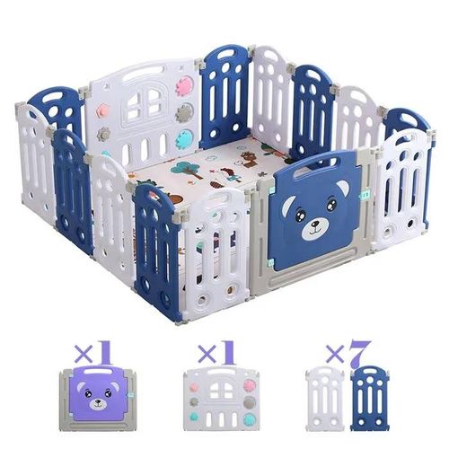 Parc Bébé Plastique 14+2 Panneaux - Magic Zc Clôture Pliant De Protection Bébé, 194 X 149cm - Bleu Gris