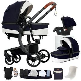 Poussette Magic Zc Poussette 3 En 1 Pousette Bebe Poussette Pliable Poussette De Luxe Cuir Pu Sac À Main Porte-Bébé 0-3ans Bleu Noir