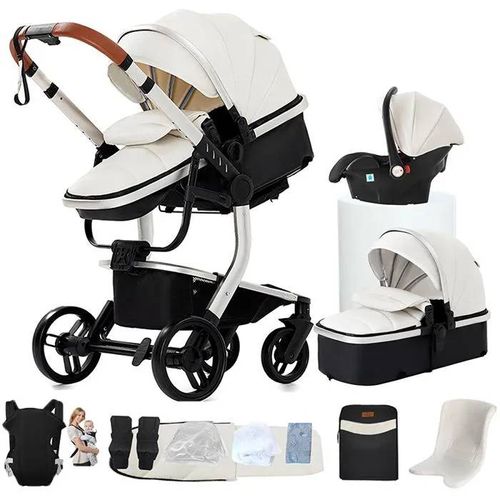 Poussette Magic Zc Poussette 3 En 1 Poussette Bébé Poussette Pour Nouveau-Né Cuir Pu Sac À Main Porte-Bébé Hamac Réversible Blanc