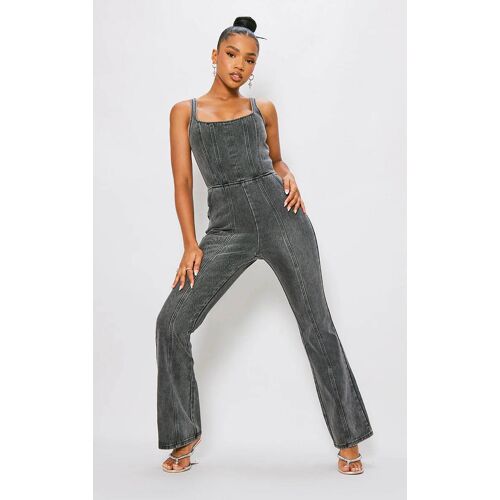 Femme Combinaison Flare En Jean Noir Délavé À Détail Coutures Et Corset | Taille 38