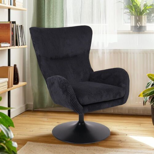 Fauteuil Pivotant Style Bergère Arthuro Velours Côtelé Noir