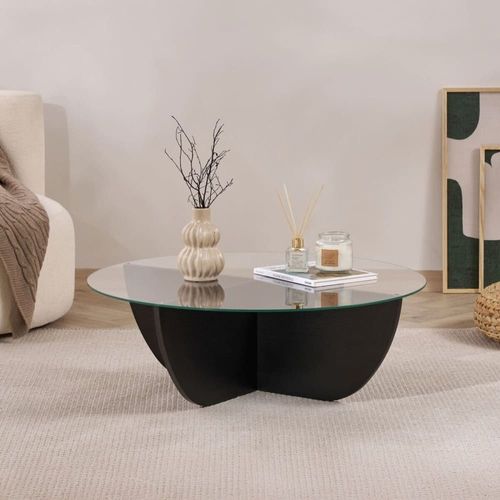 Table basse avec plateau en verre D90 cm - Effet Bois noir