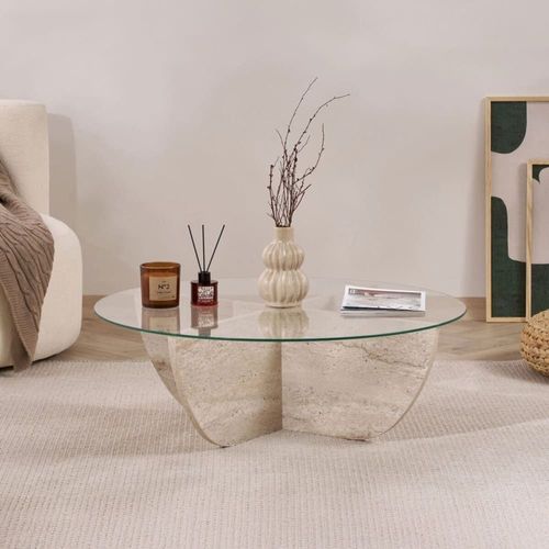 Table Basse Avec Plateau En Verre D90 Cm - Effet Travertin