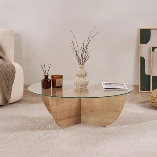 Table Basse Avec Plateau En Verre D90 Cm - Effet Chêne