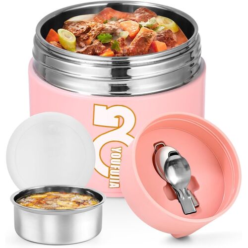 Jexnovashop-Boite Isotherme Repas Chaud, 1300ml Alimentaire Chaud Avec Cuillère Pliable, Boite Repas Isotherme En Acier Inoxydable, Repas Chaud Sans Bpa, Pour Ecole, Bureau, Camping Rose
