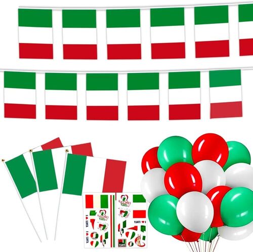 Mevronisshop-Drapeau Italien - 10m Bannieres Italie + 10 Petit Drapeaux Italiens À Main + 30 Ballons De Italiens + 2 Autocollants Italiens Pour Décoration De Fête Sur Le Thème Du Patriotisme Annivers