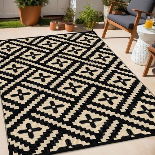 Mevronisshop-Tapis D'extérieur Géométrique En Paille En Plastique Avec Protection Anti-Uv Réversible Lavable Et Imperméable Pour Camping, Jardin, Balcon, Camping-Car, Noir Beige, 180x270cm