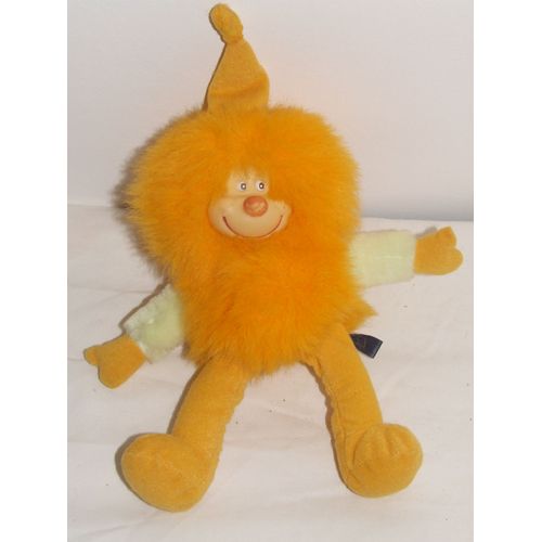 lutin orange jaune doudou tête plastique 30 cm avec bonnet