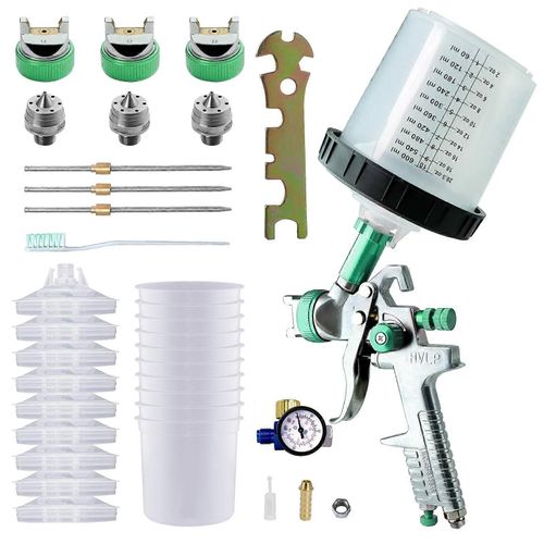 Pistolet à peinture HVLP Pistolet Kit de 1,4 à 1,7 2,0 MM Buses et 10 Jetables 600ML Tasses pour Voiture, Meubles de Clôture de la Peinture Verte