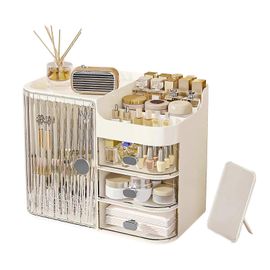 Grande Capacité de Maquillage Organisateur avec Miroir, 3 Tiroirs, Clair-Crème Cosmétique Boîte de Rangement pour meuble-lavabo et Comptoir de salle de Bains