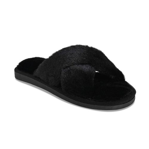 Les Femmes De La Croix De La Bande De Chaussons En Peluche Douce Fourrure Open Toe Chaussures Indoor Outdoor Fourrure De Lapin Chaud Confortable Respirant Taille 9 Noir