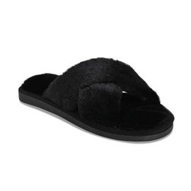 Les Femmes De La Croix De La Bande De Chaussons En Peluche Douce Fourrure Open Toe Chaussures Indoor Outdoor Fourrure De Lapin Chaud Confortable Respirant Taille 9 Noir