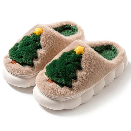 Les Femmes Pantoufles De Noël, Moelleux Floue De L'arbre De Noël Des Chaussures Pour La Maman Et L'épouse, De La Taille 8-9, Couleur Kaki