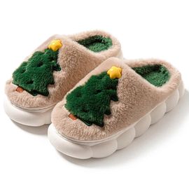 Les Femmes Pantoufles De Noël, Moelleux Floue De L'arbre De Noël Des Chaussures Pour La Maman Et L'épouse, De La Taille 8-9, Couleur Kaki