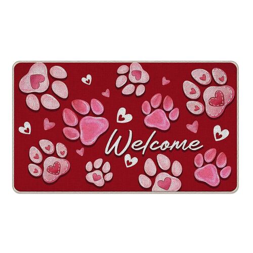 Accueil De Jour De Valentines Chien Chat Patte Imprime Paillasson 17x29 Pouces Non-Slip Intérieur Extérieur, Rose Rouge, Coeur D'amour De Tapis